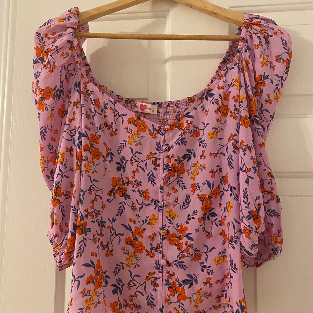 Buddy Love Pink and Orange Smocked Puff Sleeve Blouse